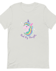 Silver Milk Sandwich t-shirt with a colorful unicorn graphic and the phrase Think Big Thoughts in purple text, surrounded by white sparkles.