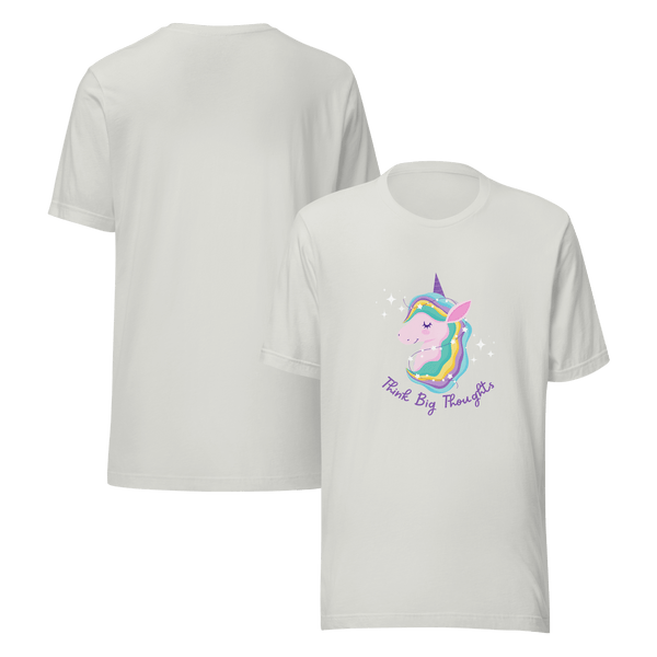 Front and back view of a silver Milk Sandwich t-shirt featuring a pastel unicorn graphic with a rainbow mane and the phrase Think Big Thoughts in purple text, surrounded by sparkles.