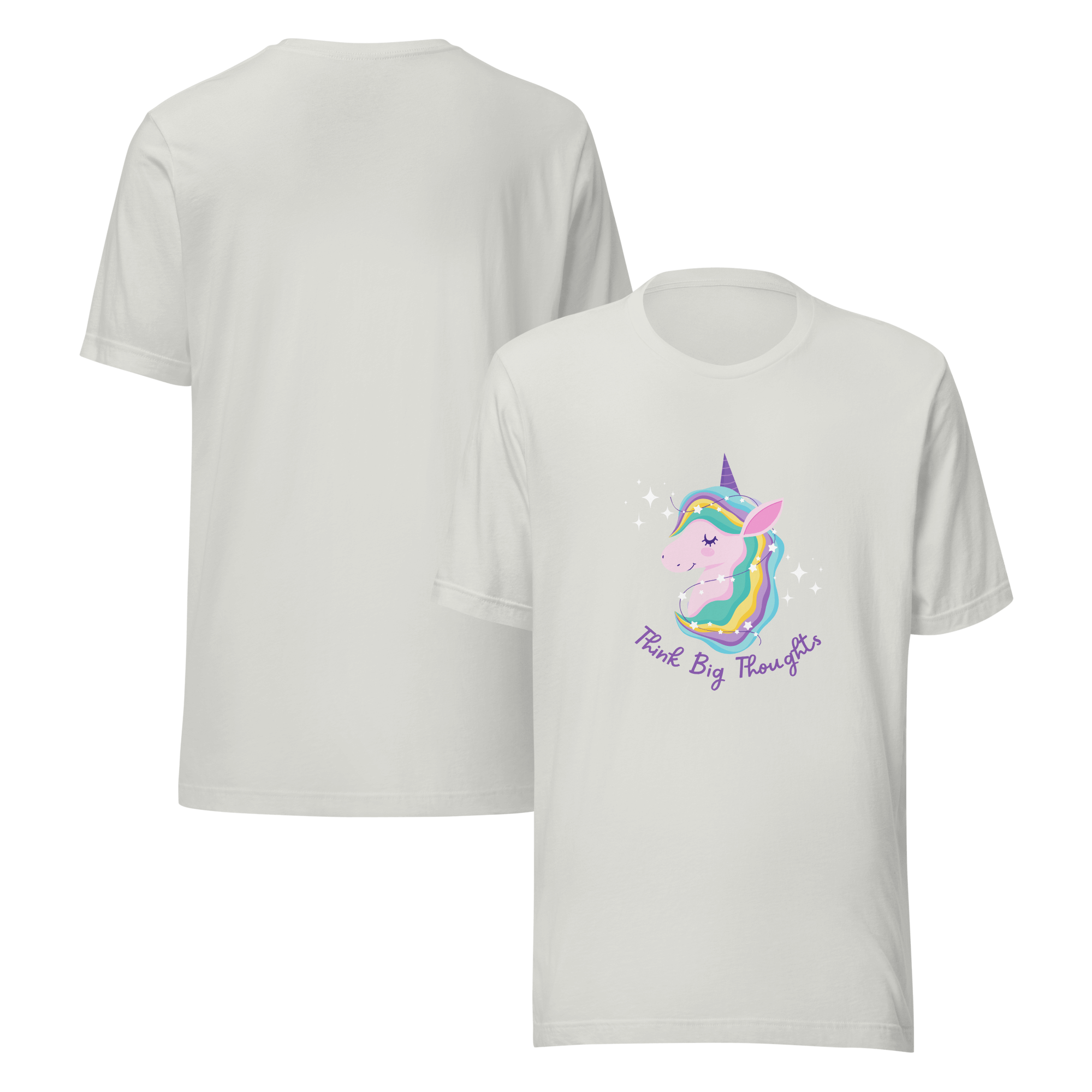 Front and back view of a silver Milk Sandwich t-shirt featuring a pastel unicorn graphic with a rainbow mane and the phrase Think Big Thoughts in purple text, surrounded by sparkles.