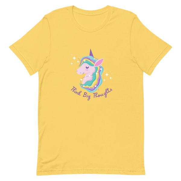 Yellow Milk Sandwich t-shirt with a colorful unicorn graphic and the phrase Think Big Thoughts in purple text, surrounded by white sparkles.