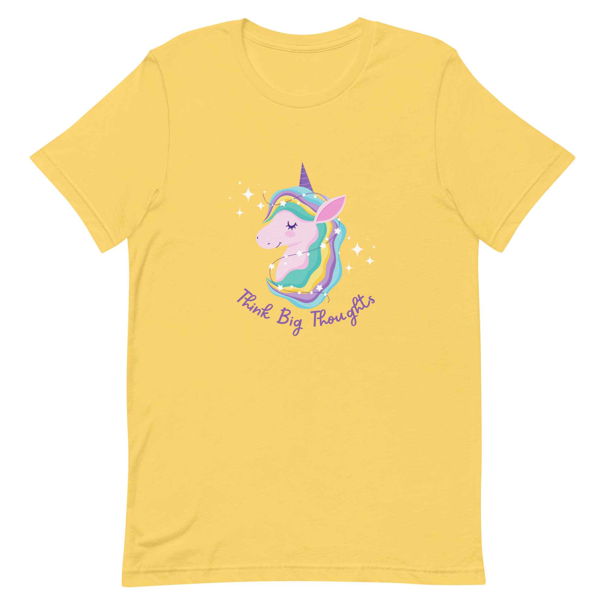 Yellow Milk Sandwich t-shirt with a colorful unicorn graphic and the phrase Think Big Thoughts in purple text, surrounded by white sparkles.
