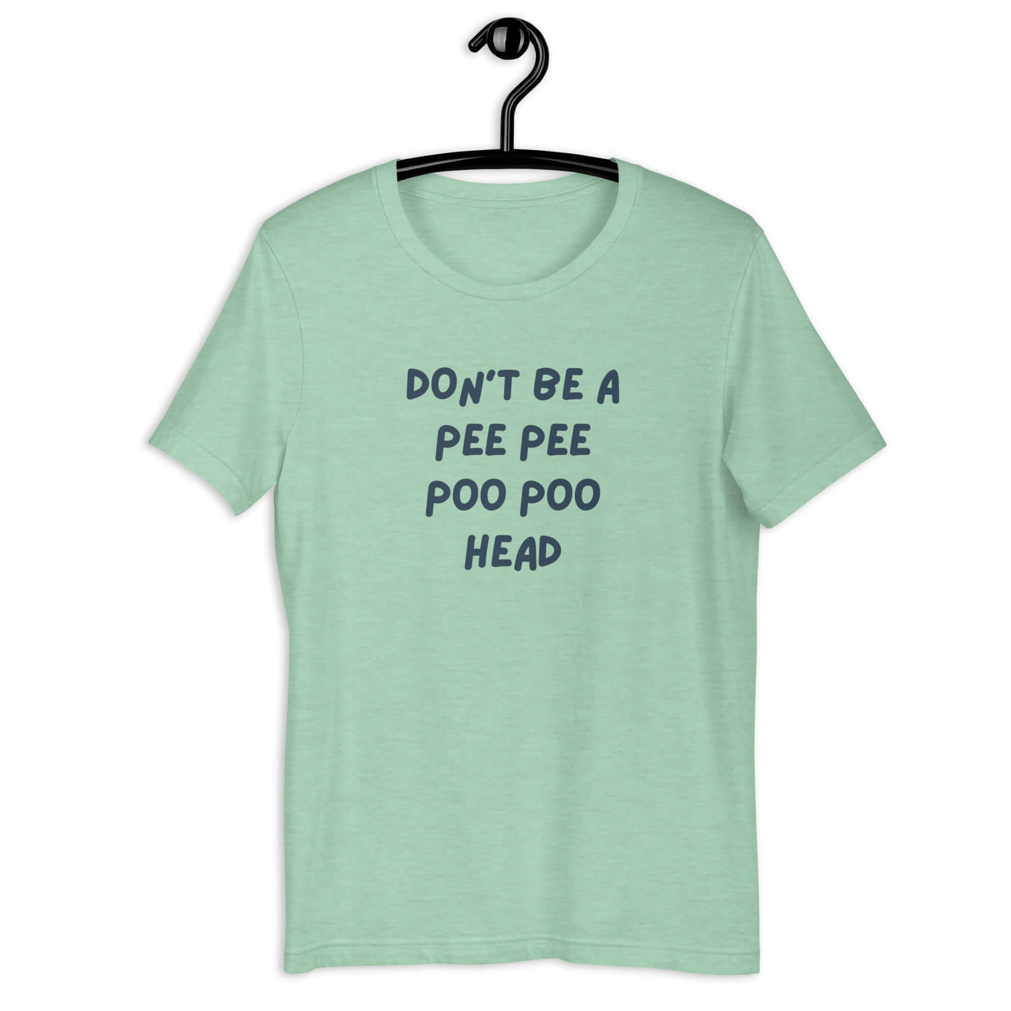 Mint t-shirt on hanger with bold blue text: “DON’T BE A PEE PEE POO POO HEAD”.