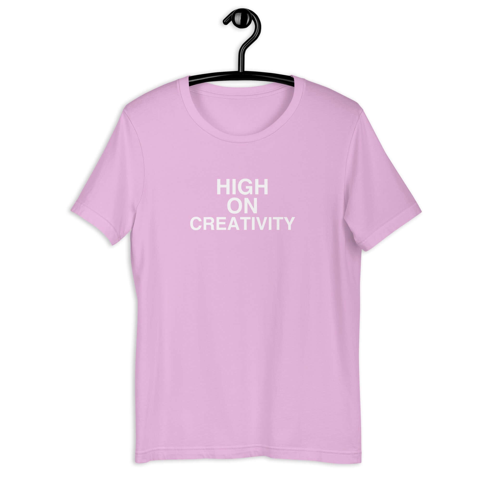 Lilac t-shirt on a hanger with the phrase “HIGH ON CREATIVITY” printed in white, centered on the chest.