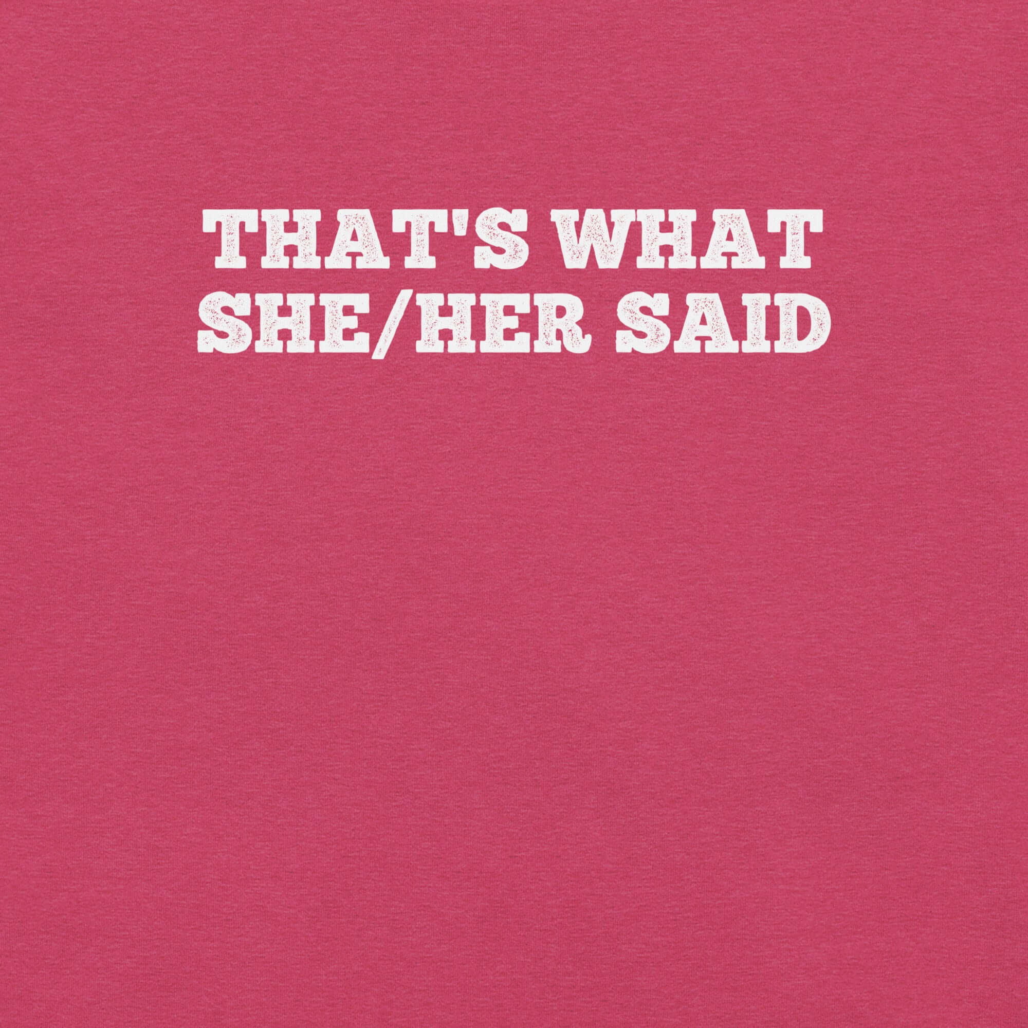 Close-up of pink t-shirt with bold white text “THAT’S WHAT SHE/HER SAID” across the chest