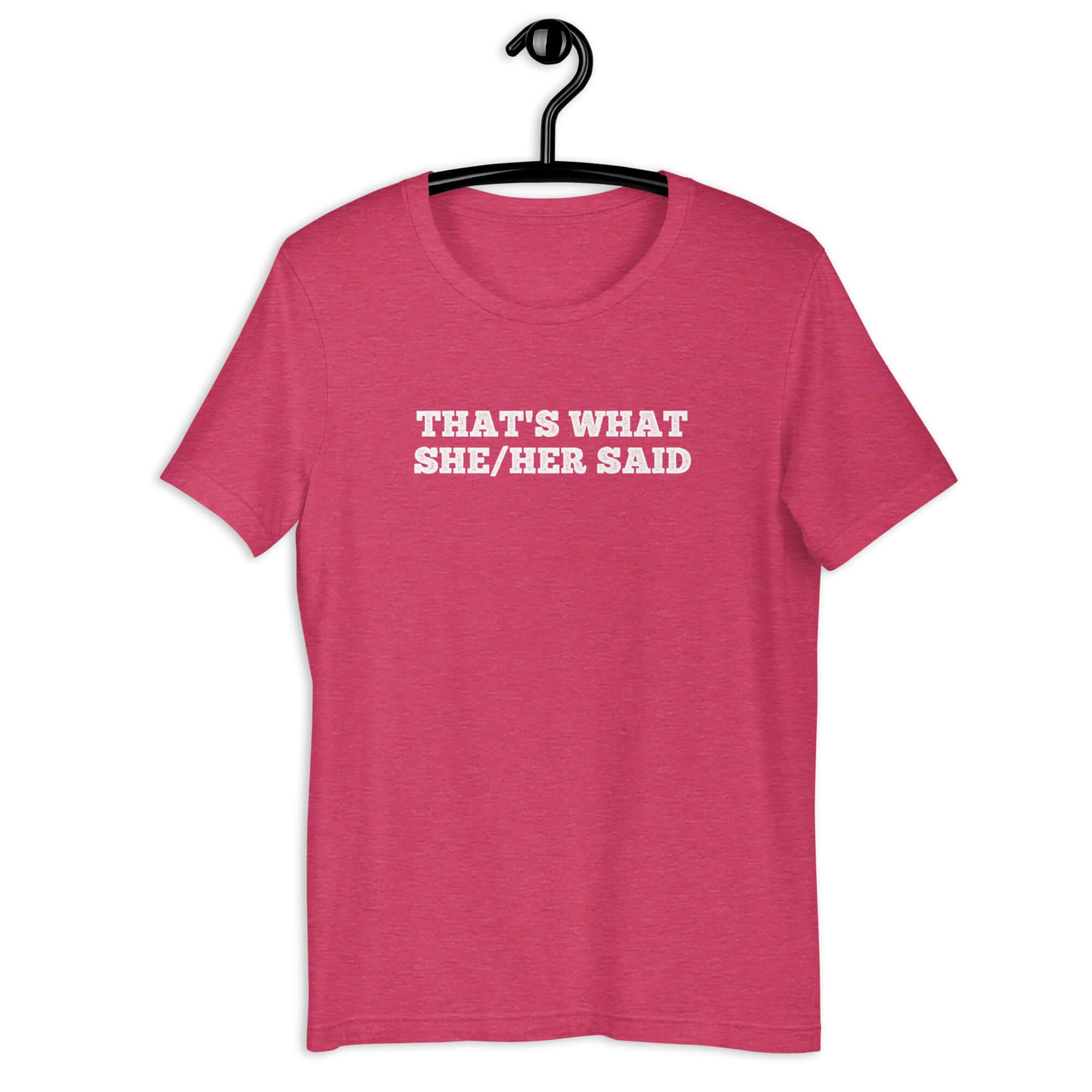 Pink “THAT’S WHAT SHE/HER SAID” t-shirt hanging on a hanger, front design visible.      
