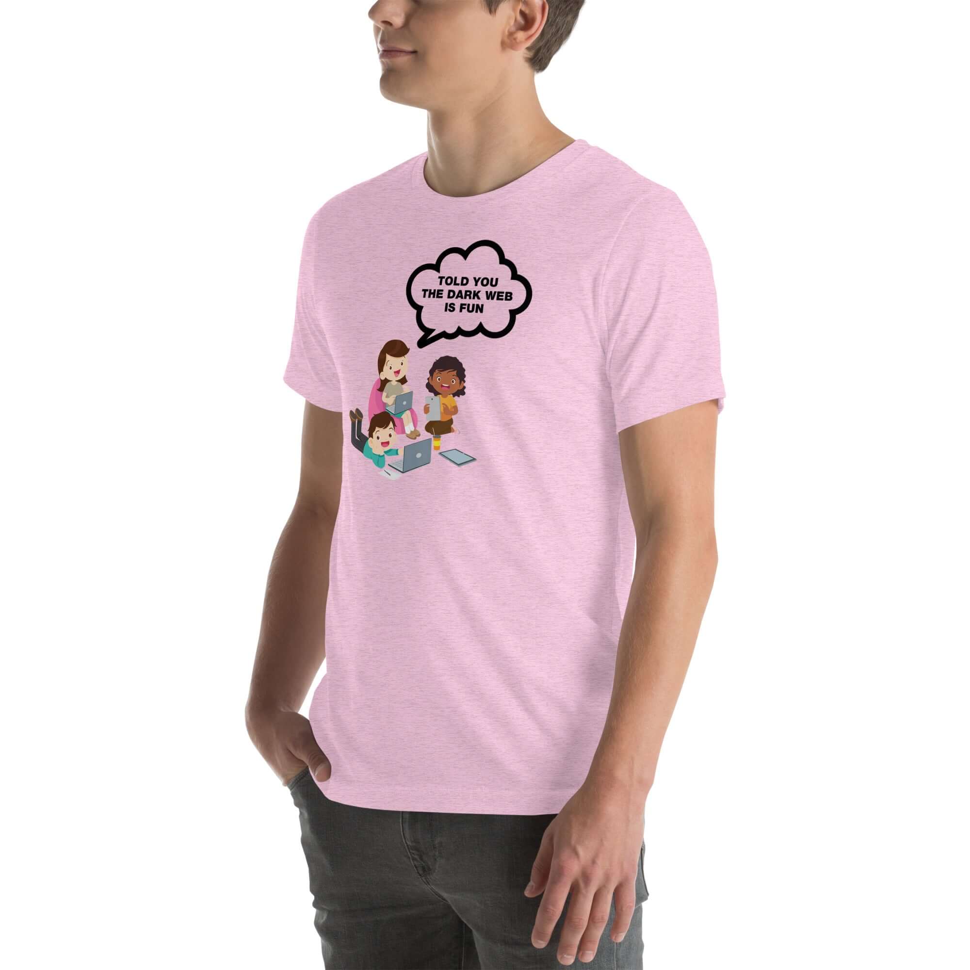 Lilac t-shirt hanging on a hanger with cartoon kids and a speech bubble saying “TOLD YOU THE DARK WEB IS FUN.”