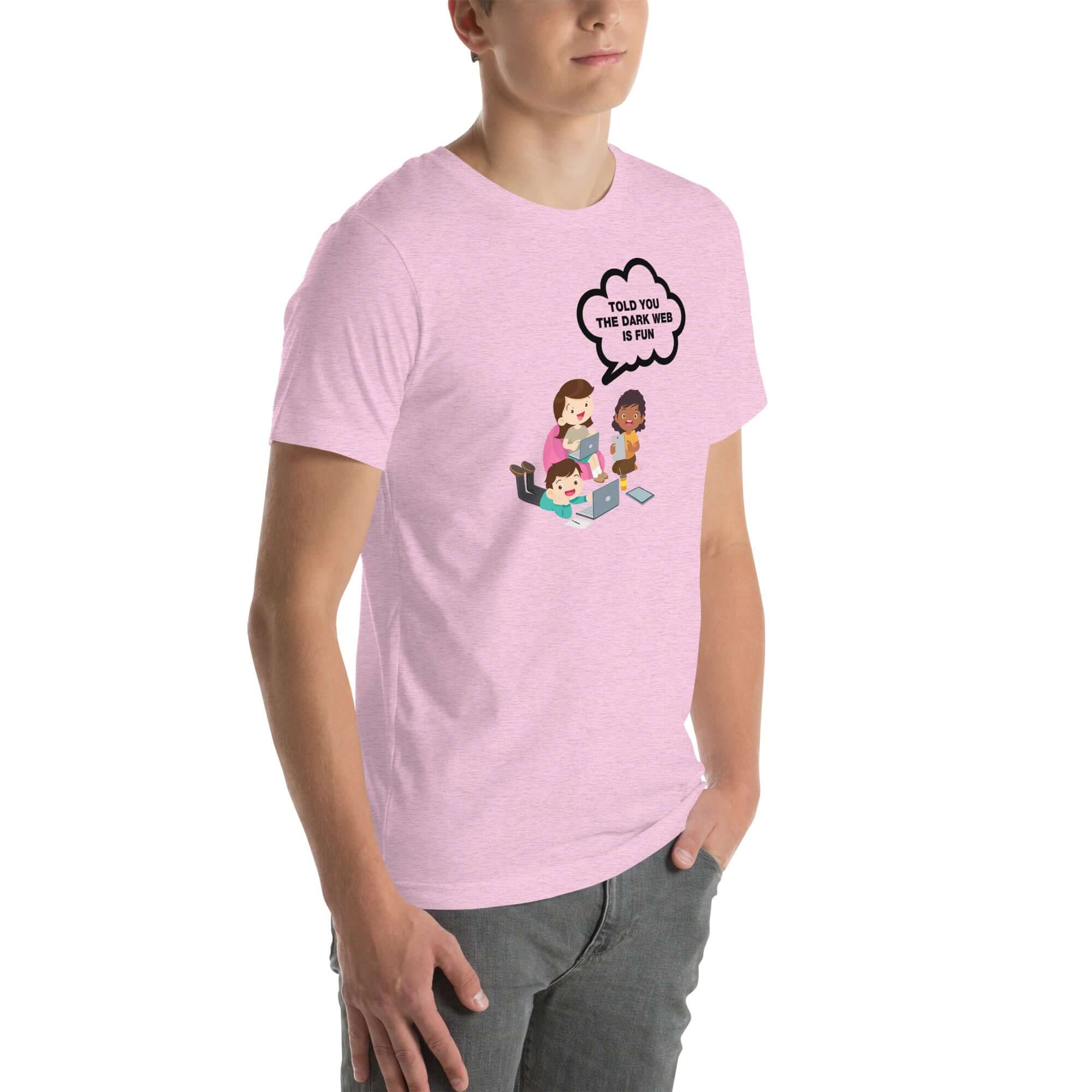 Man wearing lilac t-shirt with cartoon kids and speech bubble saying “TOLD YOU THE DARK WEB IS FUN,” standing facing forward with hands relaxed.