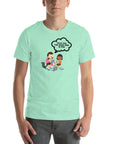 Man wearing mint t-shirt with cartoon kids and speech bubble saying “TOLD YOU THE DARK WEB IS FUN,” standing facing forward with hands relaxed.