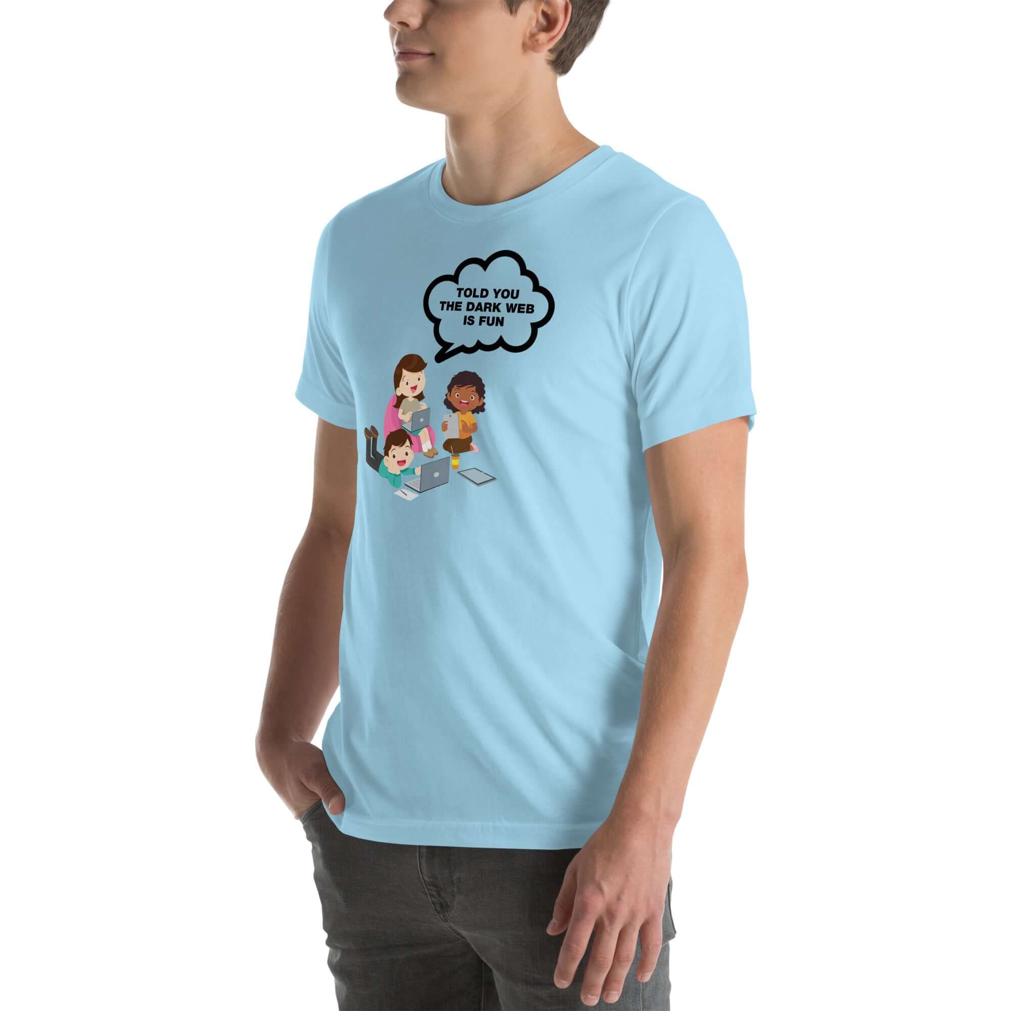Ocean Blue t-shirt hanging on a hanger with cartoon kids and a speech bubble saying “TOLD YOU THE DARK WEB IS FUN.”