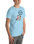 Man wearing ocean blue t-shirt with cartoon kids and speech bubble saying “TOLD YOU THE DARK WEB IS FUN,” standing facing forward with hands relaxed.