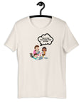 White t-shirt hanging on a hanger with cartoon kids and a speech bubble saying “TOLD YOU THE DARK WEB IS FUN.”