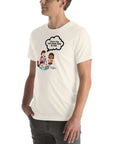 Man wearing white t-shirt with cartoon kids and speech bubble saying “TOLD YOU THE DARK WEB IS FUN,” standing with hands in pockets.          Preguntar a ChatGPT