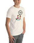 Man wearing vintage white t-shirt with cartoon kids and speech bubble saying “TOLD YOU THE DARK WEB IS FUN,” standing facing forward with hands relaxed.