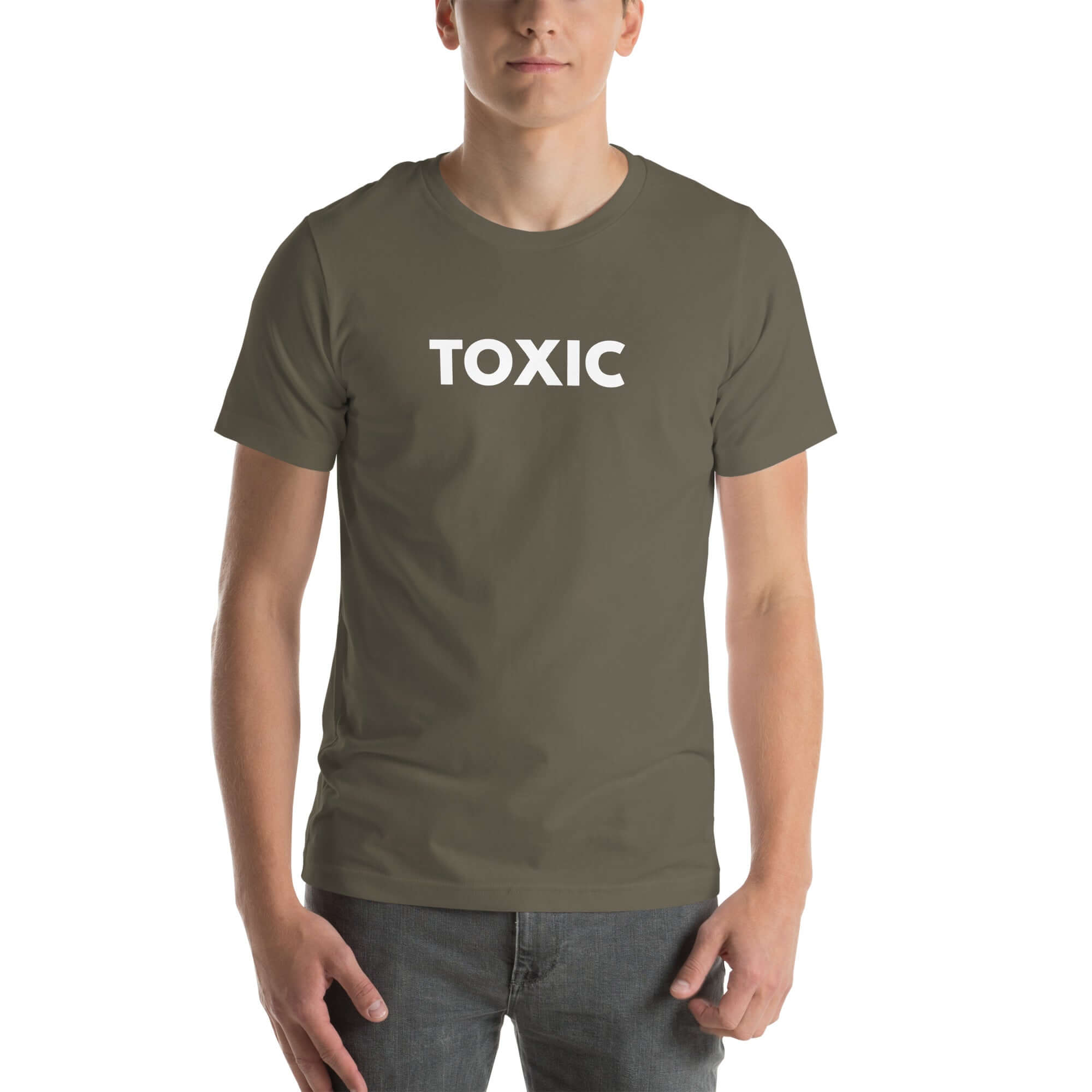 Man wearing army “TOXIC” t-shirt, standing straight with hands relaxed by pockets, facing forward.