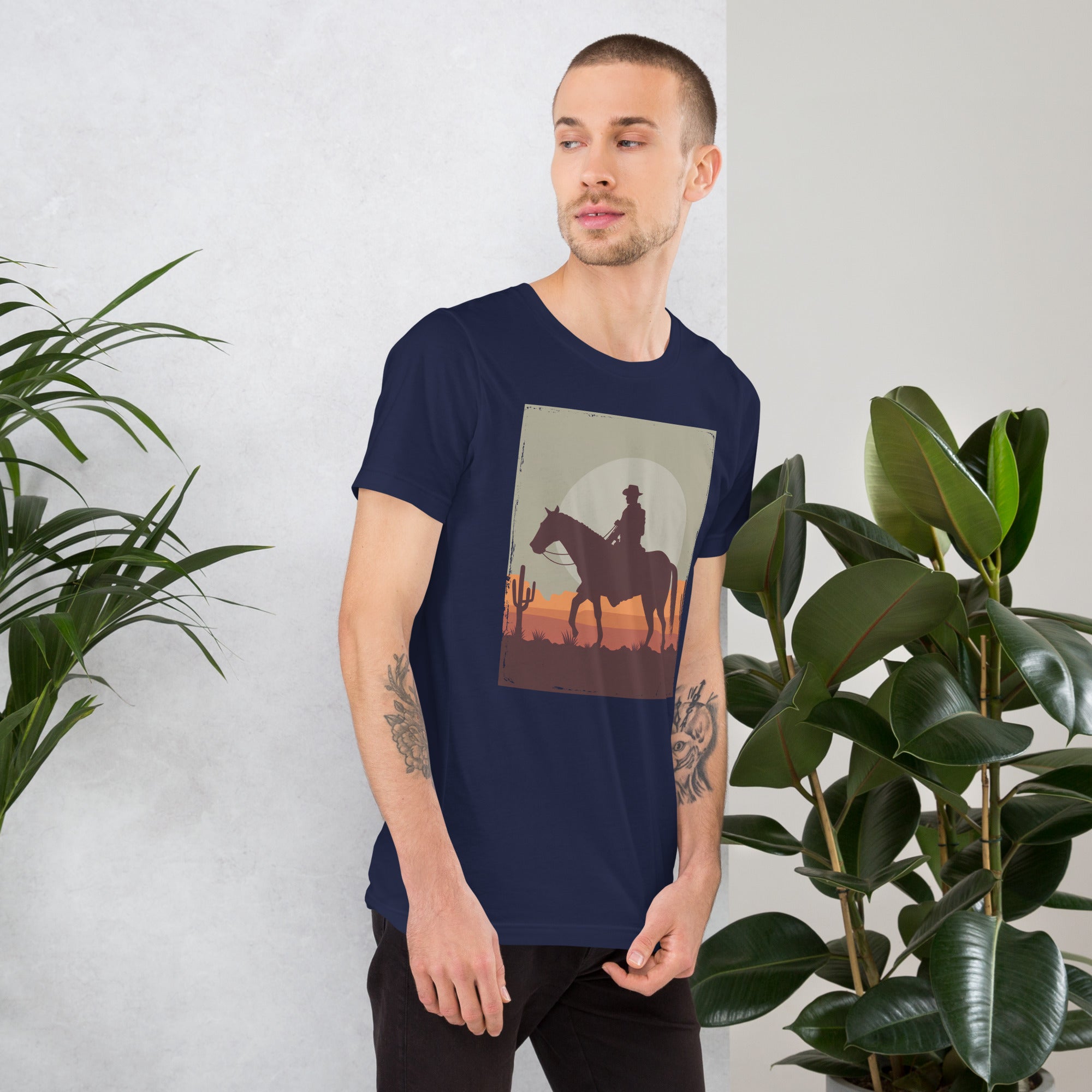 Stylish unisex navy t-shirt featuring a cowboy silhouette design, perfect for casual wear and comfort.