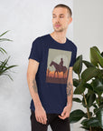 Stylish unisex navy t-shirt featuring a cowboy silhouette design, perfect for casual wear and comfort.