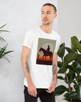 Stylish unisex t-shirt featuring a cowboy silhouette against a sunset, perfect for casual wear and nature lovers.